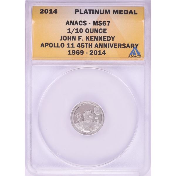 2014 Proof 1/10 oz Platinum JFK Apollo 11 Anniversary Medal ANACS MS67
