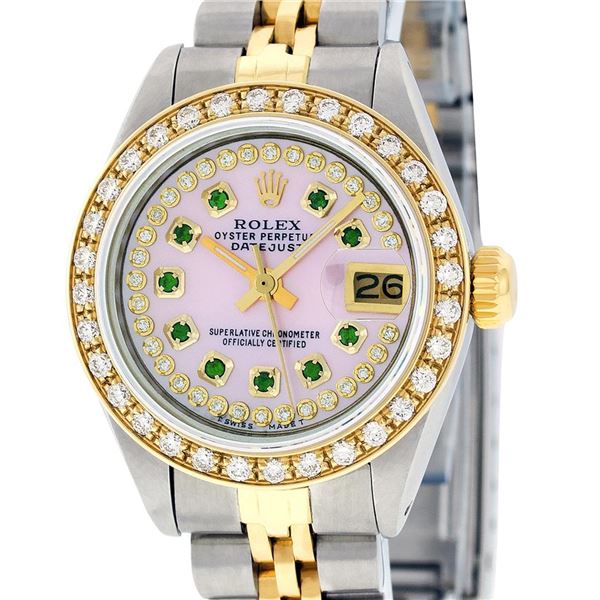 Rolex Ladies Two Tone Steel & Gold Pink MOP Emerald String Diamond Datejust Wristwatch