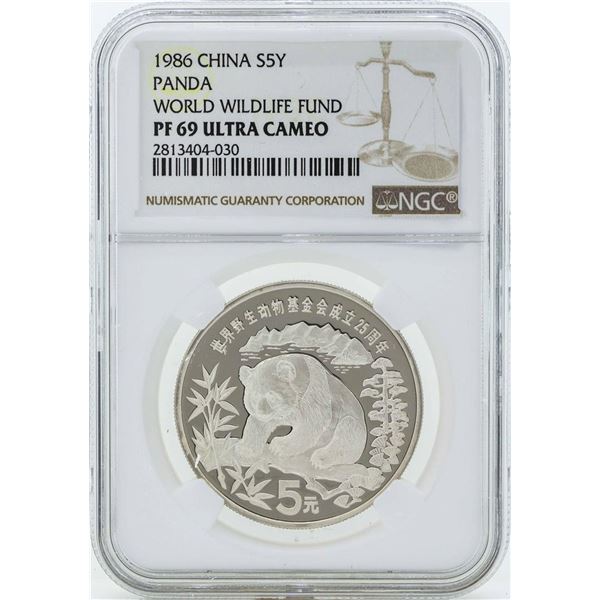 1986 China 5 Yuan Panda Silver Coin World Wildlife Fund NGC PF69 Ultra Cameo