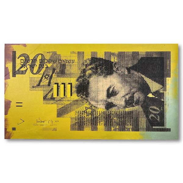 Steve Kaufman (1960-2010) "Isreal 20 Shekel Note Bill" Original Mixed Media on Canvas