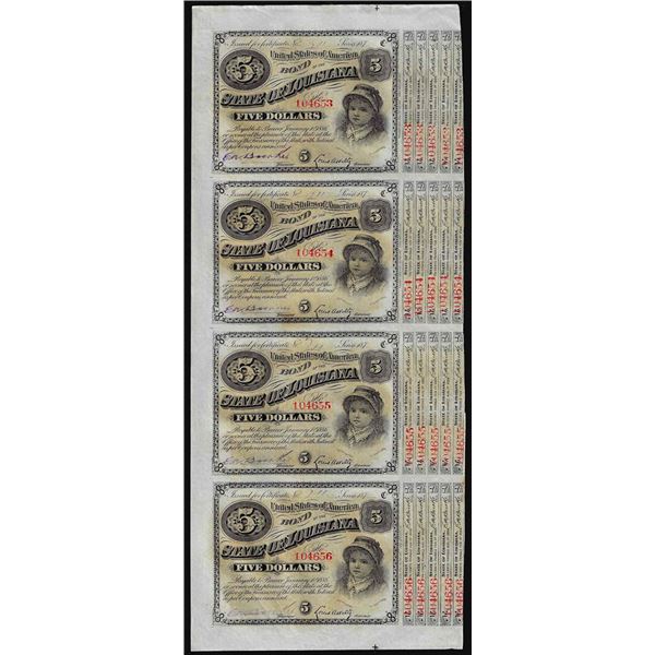 Uncut Sheet of (4) State of Louisiana Baby Bond Obsolete Notes