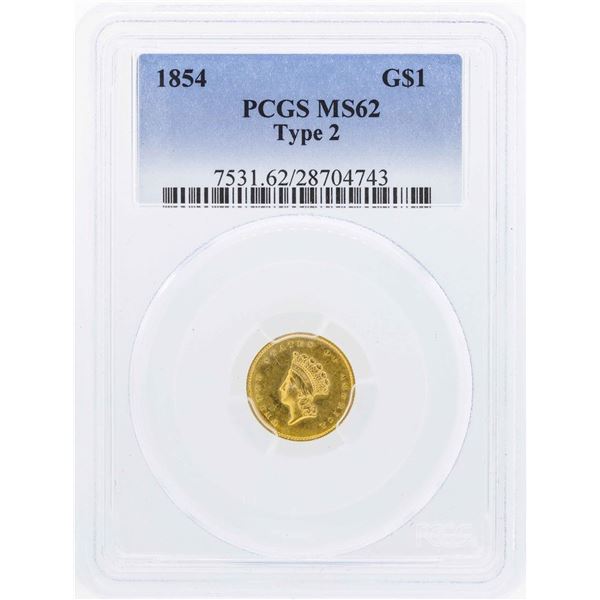 1854 $1 Indian Princess Gold Dollar Coin Type 2 PCGS MS62