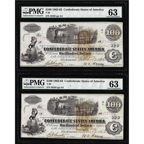 (2) Consecutive 1862 $100 Confederate States of America Notes PMG Choice Uncirculated 63