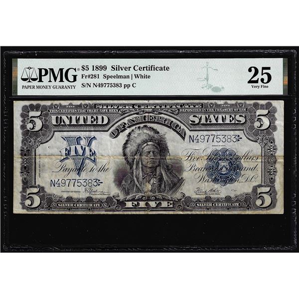 1899 $5 Indian Chief Silver Certificate Note Fr.281 PMG Very Fine 25