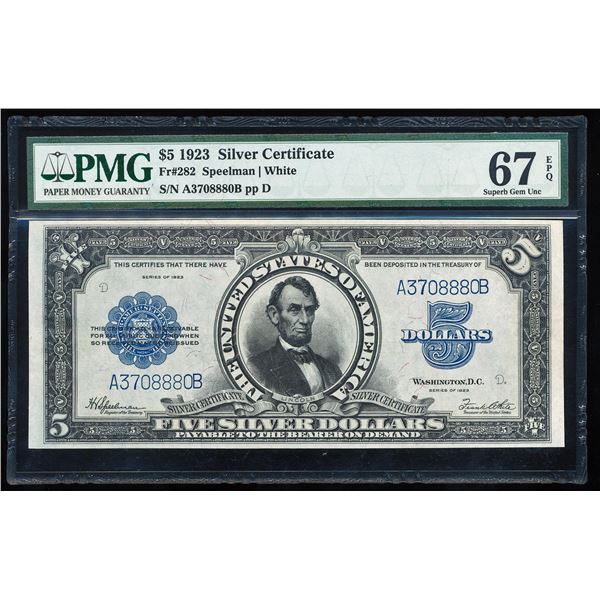 1923 $5 'Porthole' Silver Certificate Note Fr.282 PMG Superb Gem Uncirculated 67EPQ