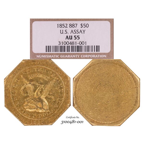 1852 $50 U.S. Assay 887 Territorial  Gold Slug Coin NGC AU55
