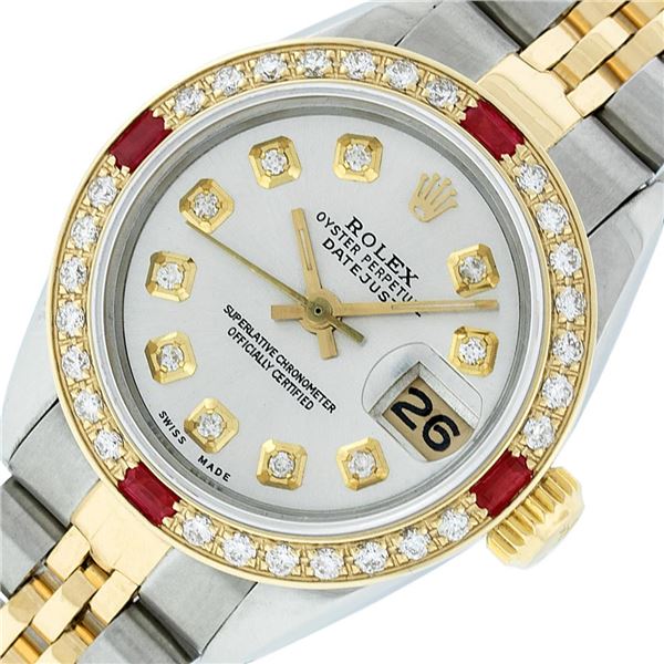 Rolex Ladies Two Tone Silver Diamond & Ruby Oyster Perpetual Datejust Watch