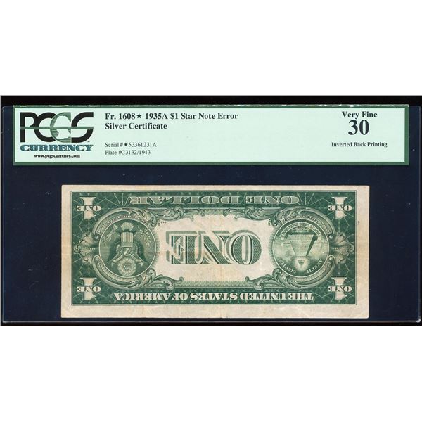 1935A $1 Silver Certificate STAR Note Inverted Back Printing ERROR PCGS Very Fine 30