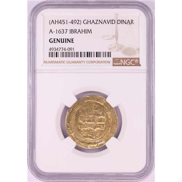 AH451-492 Ghaznavid Dinar A-1637 Ibrahim Gold Coin NGC Genuine