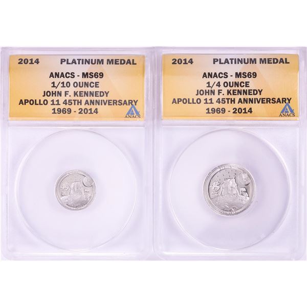 Set of 2014 Proof 1/10 & 1/4 oz Platinum JFK Apollo 11 Anniversary Medals ANACS MS69