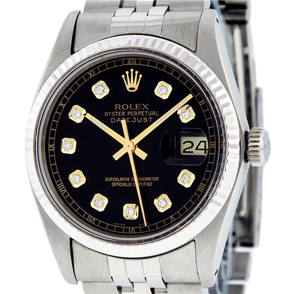 Rolex Men's Stainless Steel 36MM Black Diamond Datejust Watch