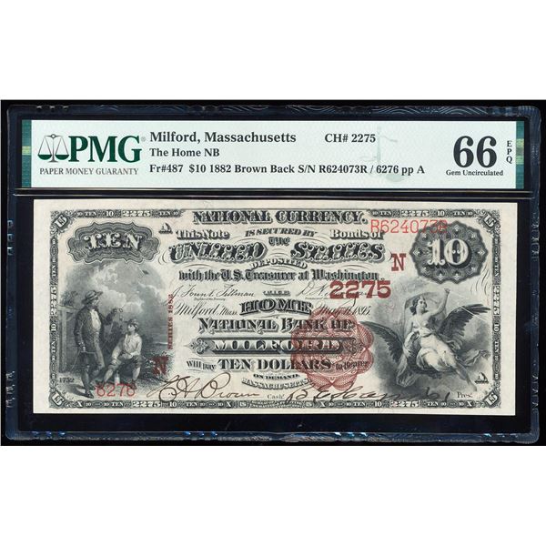 1882BB $10 Milford, MA CH# 2275 National Bank Note PMG Gem Uncirculated 66EPQ