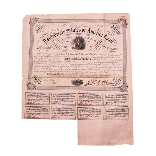 1863 $500 Confederate Bond Obsolete Sheet Printed on Pink Paper B-221