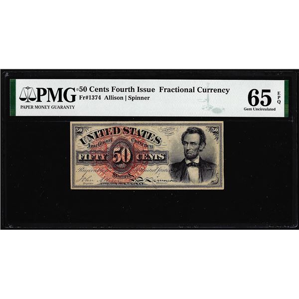 1863 Fourth Issue 50 Cent Lincoln Fractional Currency Note PMG Gem Uncirculated 65EPQ