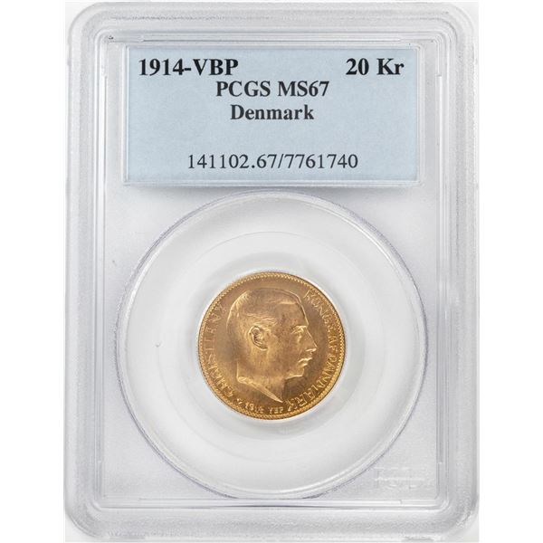 1914-VBP Denmark 20 Kroners Gold Coin PCGS MS67