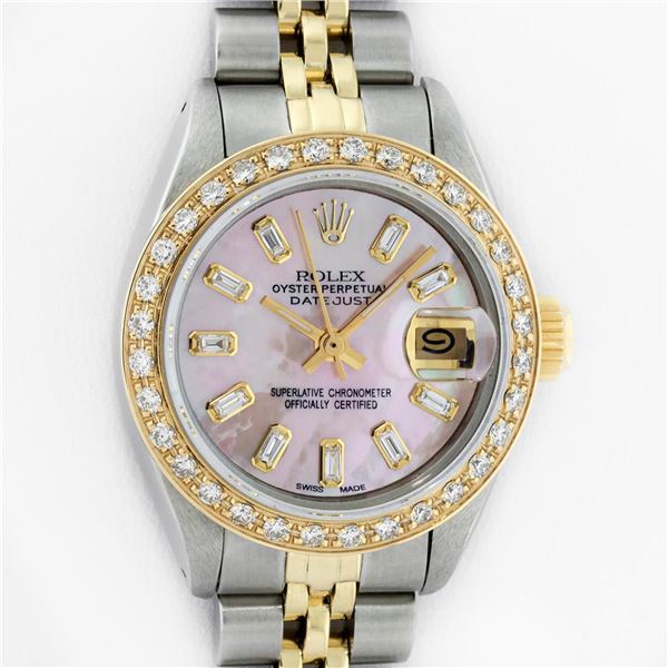 Rolex Ladies Two Tone 18K Gold Bezel Pink MOP Baguette Diamond Datejust Wristwatch