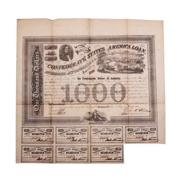 1863 $1,000 Confederate Bond Obsolete Sheet B-134