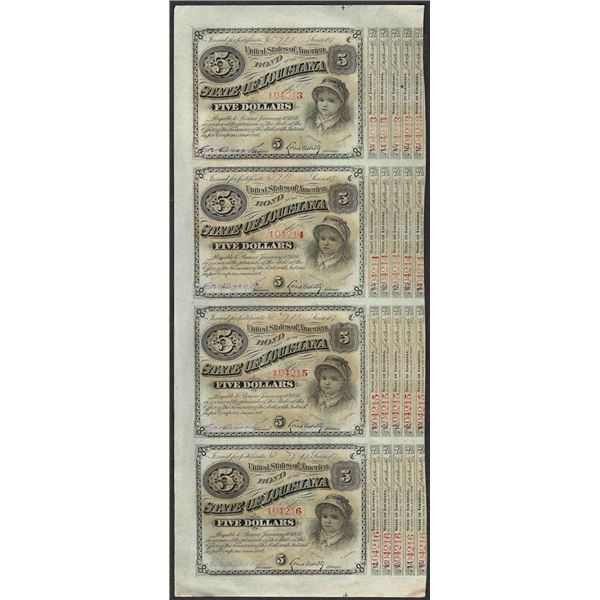 Uncut Sheet of (4) State of Louisiana Baby Bond Obsolete Notes
