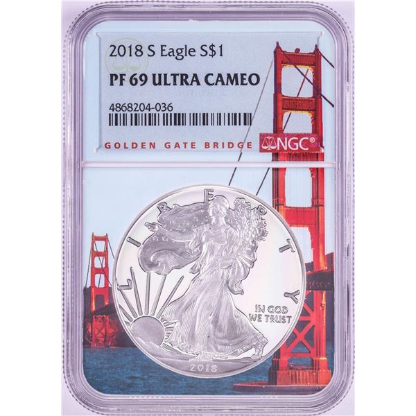 2018-S $1 Proof American Silver Eagle Coin NGC PF69 Ultra Cameo Bridge Core
