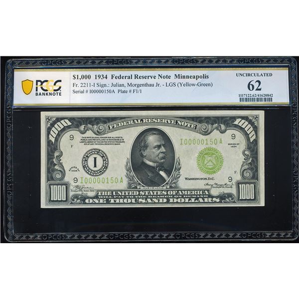 1934 $1,000 Federal Reserve Note Minneapolis PCGS Uncirculated 62 Low Serial LGS