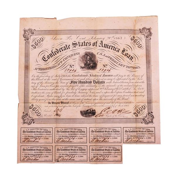 1863 $500 Confederate Bond Obsolete Sheet Printed on Pink Paper B-221