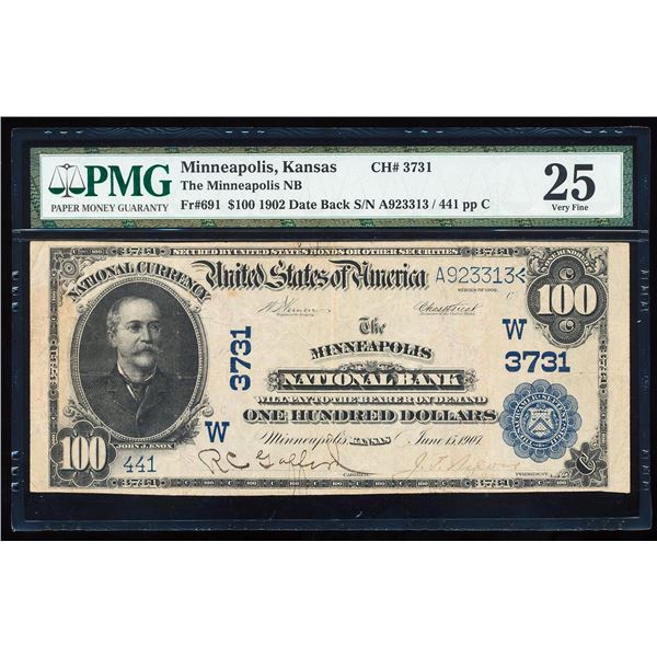 1902DB $100 Minneapolis, KS CH# 691 National Currency Note PMG Very Fine 25