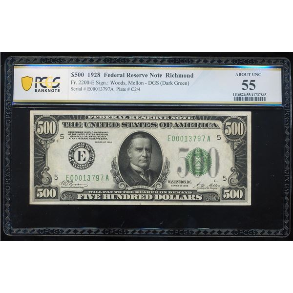 1928 $500 Federal Reserve Note Richmond Fr.2200-E PCGS About Uncirculated 55