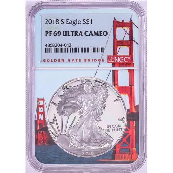 2018-S $1 Proof American Silver Eagle Coin NGC PF69 Ultra Cameo Bridge Core