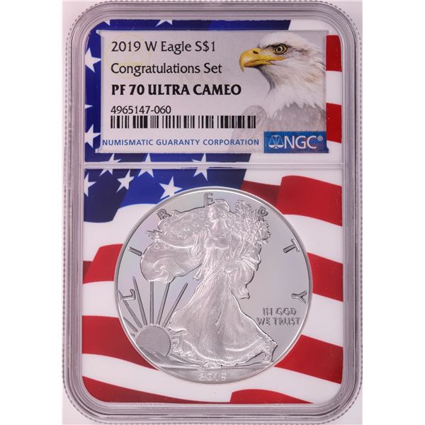 2019-W $1 Proof American Silver Eagle Coin NGC PF70 Ultra Cameo Congratulations Flag
