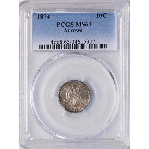 1874 Seated Liberty Dime Coin PCGS MS63 Arrows