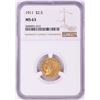 Image 1 : 1911 $2 1/2 Indian Head Quarter Eagle Gold Coin NGC MS63