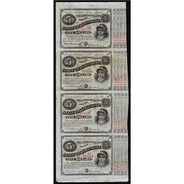 Uncut Sheet of (4) State of Louisiana Baby Bond Obsolete Notes