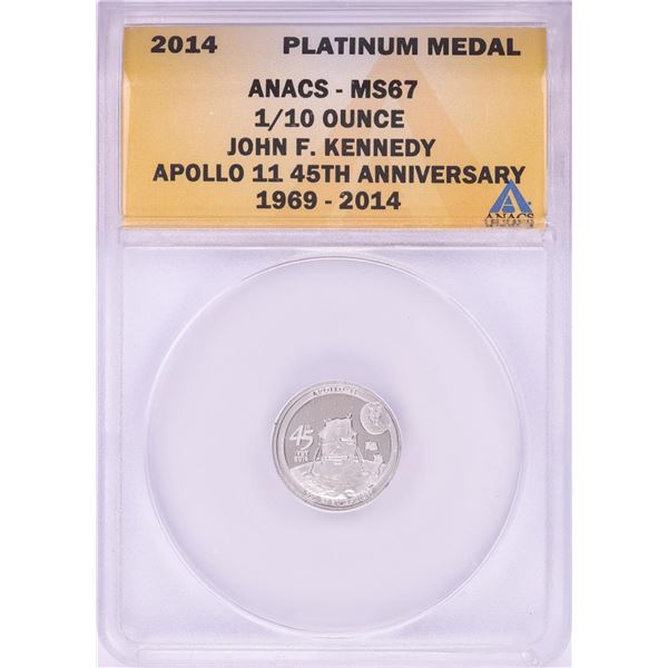 2014 Proof 1/10 oz Platinum JFK Apollo 11 Anniversary Medal ANACS MS67