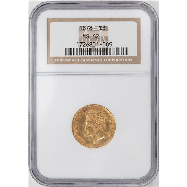 1878 $3 Indian Princess Head Gold Coin NGC MS62