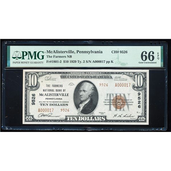 1929 $10 McAlisterville, PA CH# 9526 National Bank Note PMG Gem Uncirculated 66EPQ