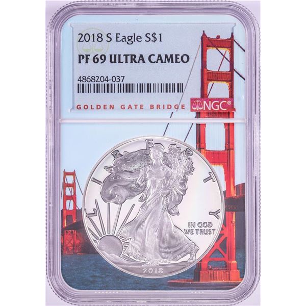 2018-S $1 Proof American Silver Eagle Coin NGC PF69 Ultra Cameo Bridge Core