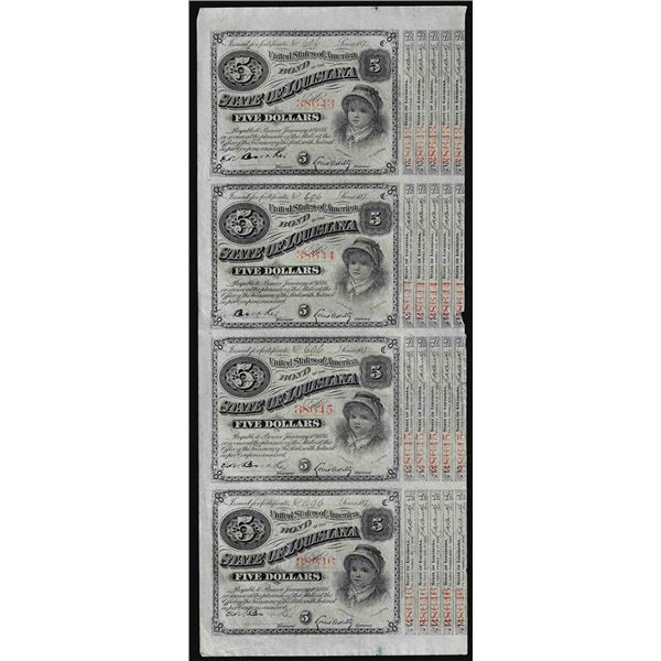 Uncut Sheet of (4) State of Louisiana Baby Bond Obsolete Notes