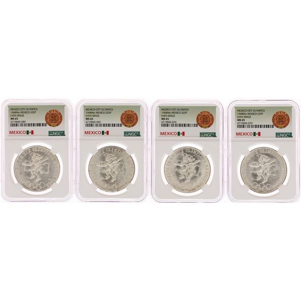 Lot of (4) 1968Mo Mexico 25 Pesos Olympics Commemorative Silver Coins NGC MS65