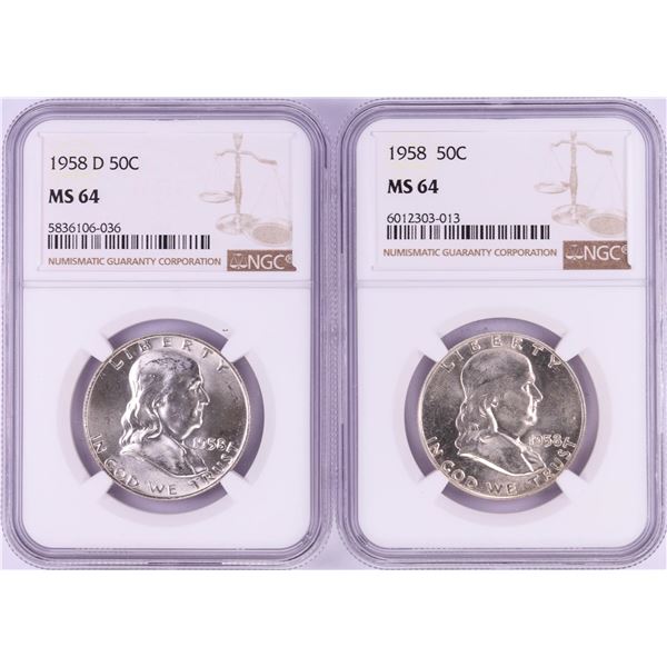 Lot of 1958 & 1958-D Franklin Half Dollar Coins NGC MS64