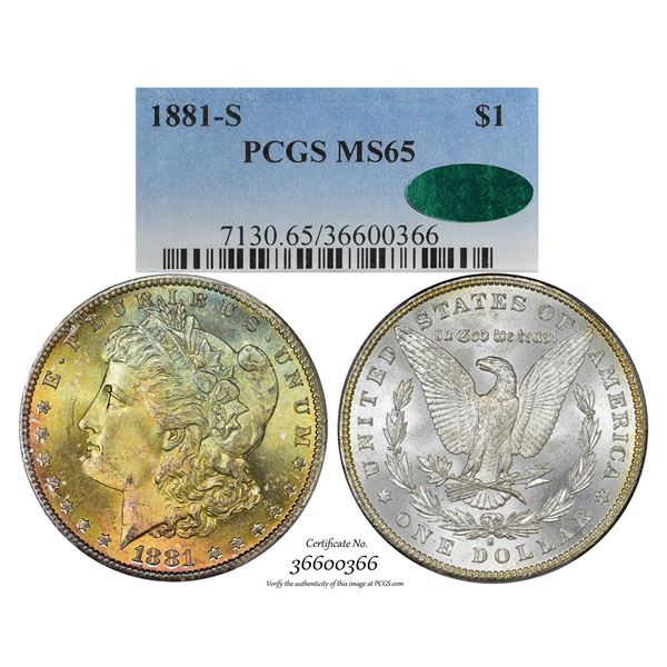 1881-S $1 Morgan Silver Dollar Coin PCGS MS65 CAC Amazing Toning