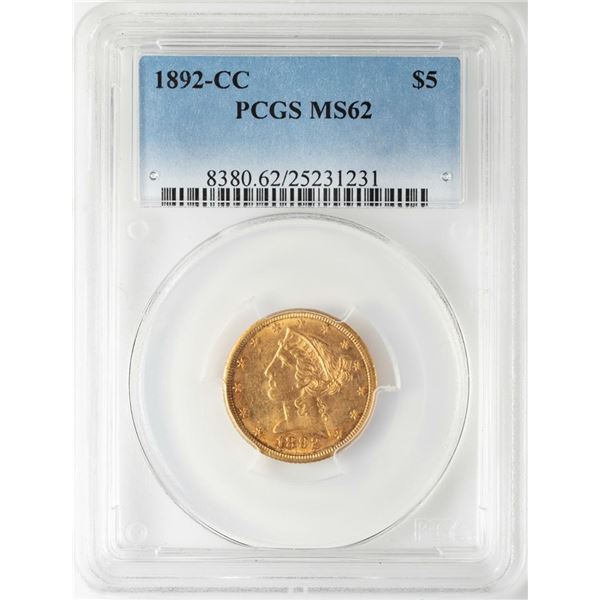 1892-CC $5 Liberty Head Half Eagle Gold Coin PCGS MS62