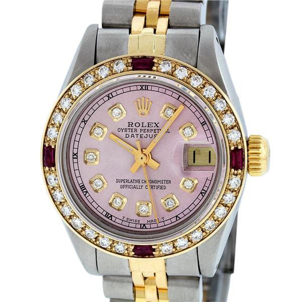 Rolex Ladies Two Tone Ice Pink Diamond & Ruby Oyster Perpetual Datejust Watch