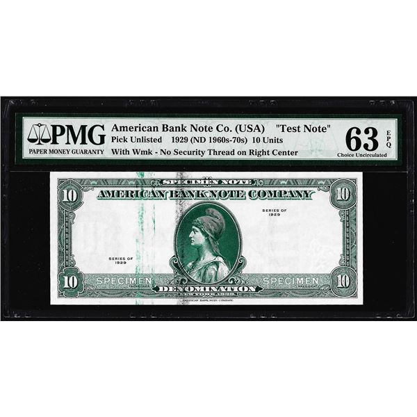 1929 10 Unit American Bank Note Co. "Test Note" PMG Choice Uncirculated 63EPQ