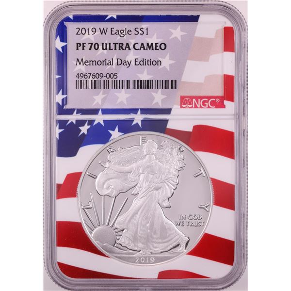 2019-W $1 Proof American Silver Eagle Coin NGC PF70 Ultra Cameo Memorial Day Flag Core