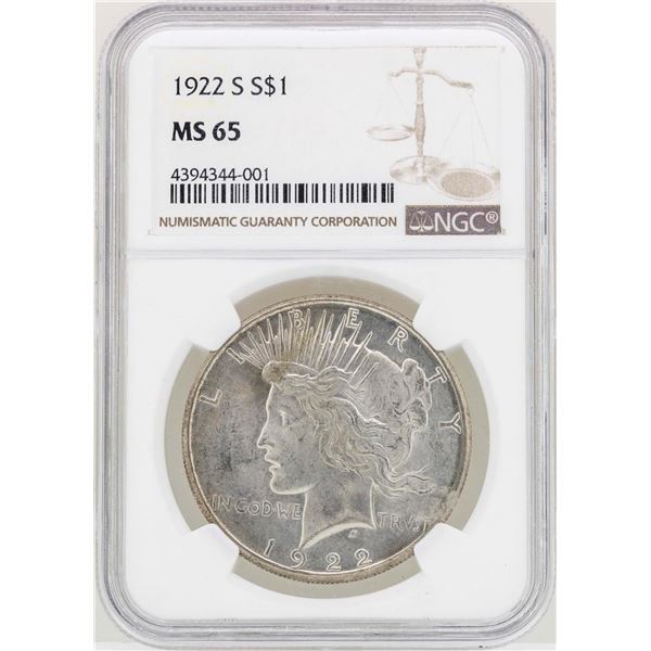 1922-S $1 Peace Silver Dollar Coin NGC MS65