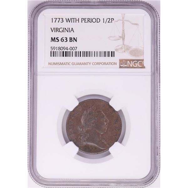 1773 With Period Half Penny Virginia Colonial Copper Coin NGC MS63BN