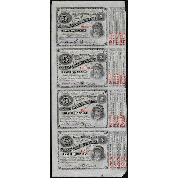 Uncut Sheet of (4) State of Louisiana Baby Bond Obsolete Notes