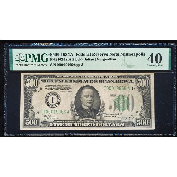 1934A $500 Federal Reserve Note Minneapolis Fr.2202-I PMG Extremely Fine 40