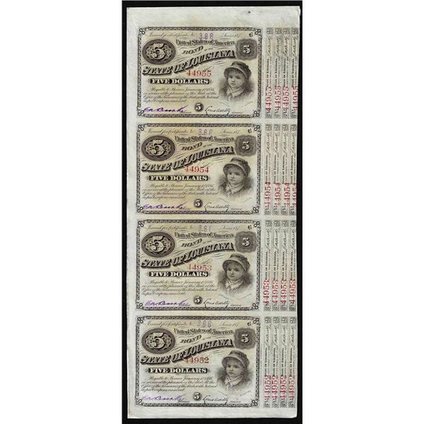 Uncut Sheet of (4) State of Louisiana Baby Bond Obsolete Notes