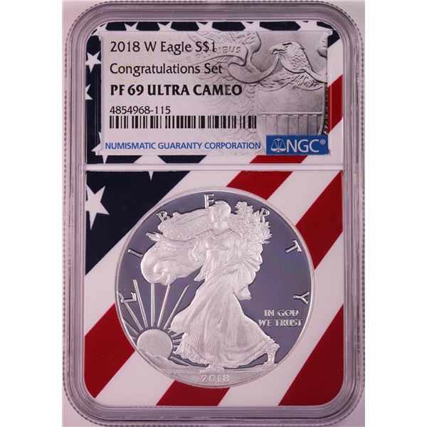 2018-W $1 Proof American Silver Eagle Coin NGC PF69 Ultra Cameo Congratulations Flag